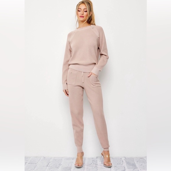 Rivir Pants - Premium Boutique Knit Lounge Set Taupe Pearl Detail Sweater & Jogger Pants Set